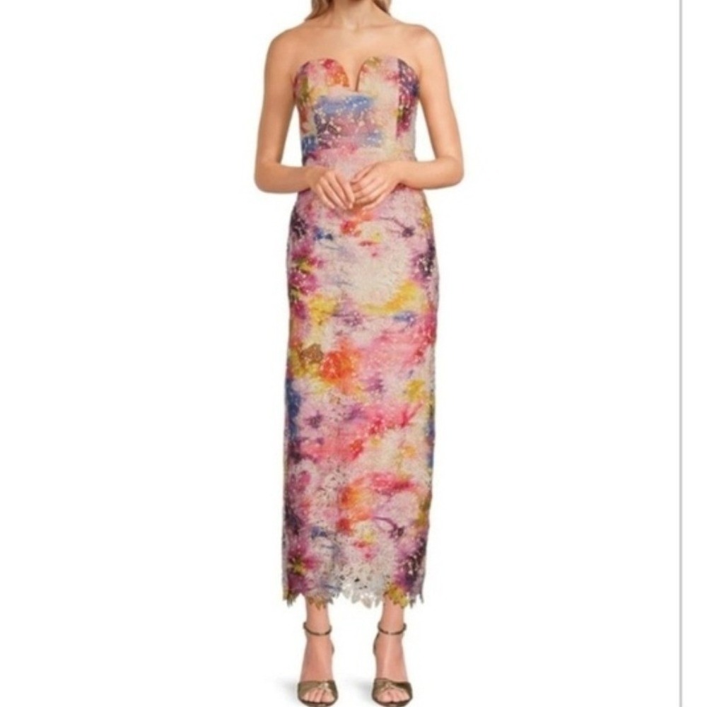 Belle Badgley Mischka Strapless Floral Lace Midi Dress Homecoming Colorful 12